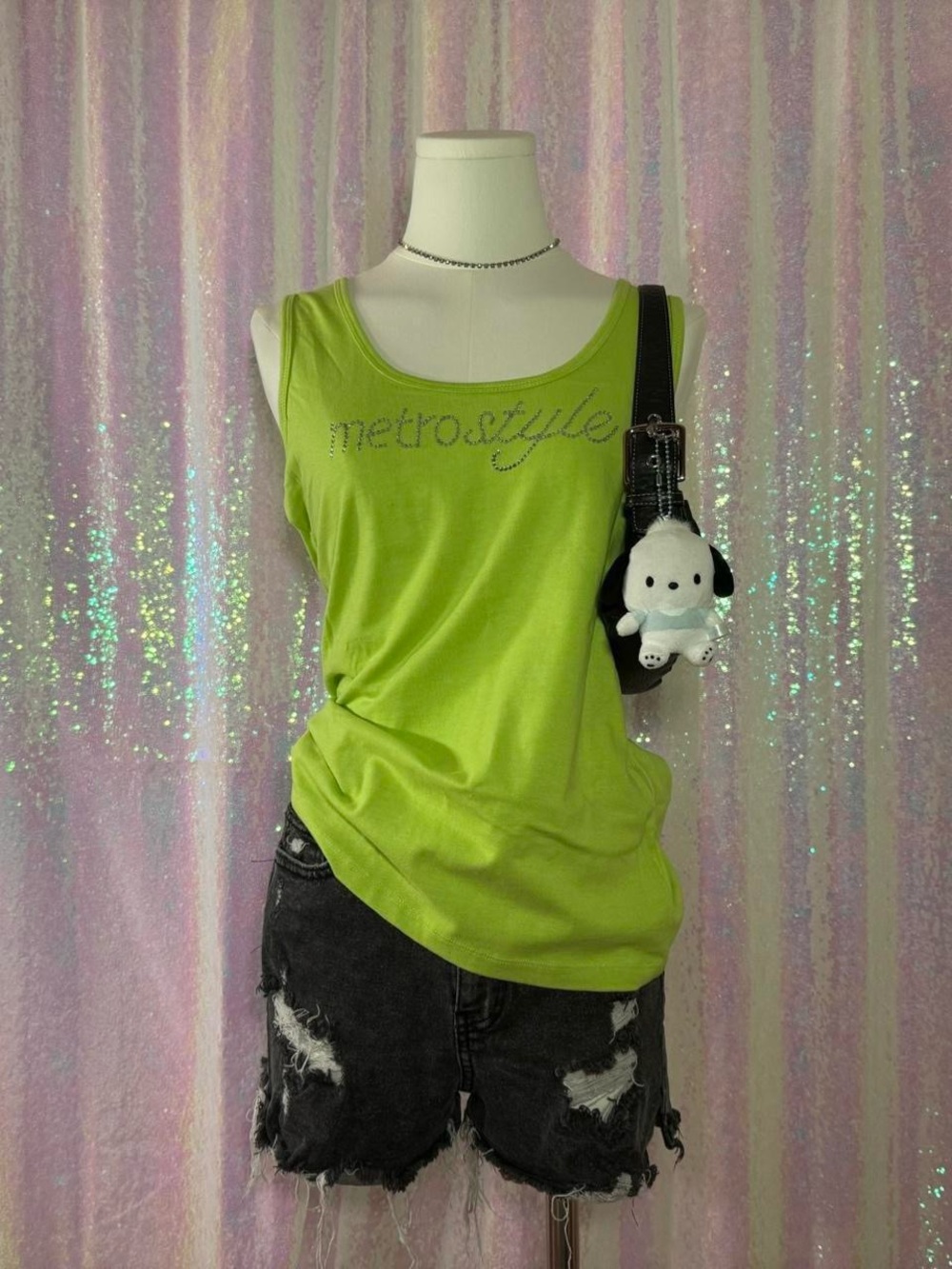 metrostyle Y2K Lime Green Bedazzled Logo Wifebeater Tank Top ★彡
